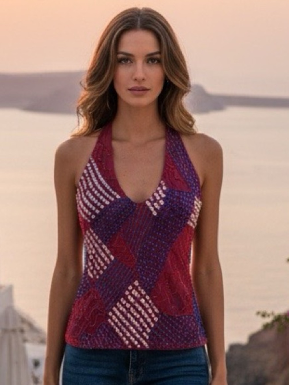 Sleeveless Halter stretch Power mesh Top in‎ red, white and blue.  Hand beaded.